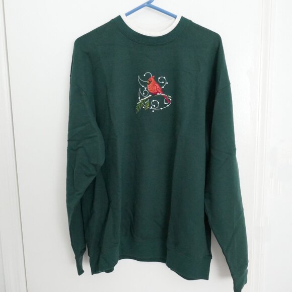 NWT M&C Sportswear forest green sweatshirt red cardinal applique size 1X - Picture 1 of 5